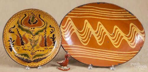Greg Shooner, two pieces of redware, signed and dated 2003 and 1998, loaf dish - 16 1/2'' w.
