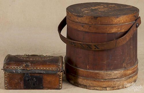 Pine firkin, 19th c., 12'' h., together with a hide covered box, 4 3/4'' h., 9'' w.