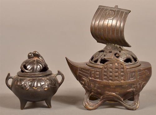 Two Vintage Japanese Bronze Incense Burners.
