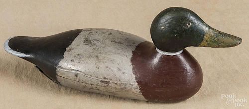 Carved and painted hollow body mallard duck decoy, early 20th c., 16 1/4'' l.