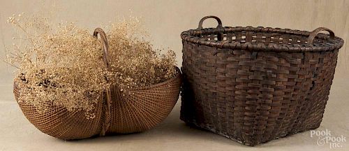 Large splint oak gathering basket, 19th c., 16 1/4'' h., together with a splint oak buttocks basket