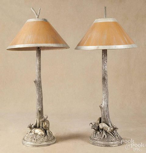 Pair of contemporary composition stag lamps with tree-form shafts, 36'' h.