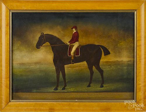 Contemporary color lithograph portrait of a horse and rider, Skylark by Highflyer, 15'' x 20 1/2''.