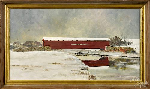 Oil on board winter landscape, signed D. K. Park '75, titled Bell Bank Covered Bridge, 10'' x 24''