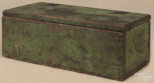 Painted pine document box, 19th c., retaining an old green surface, 7'' h., 19'' w., 9'' d.