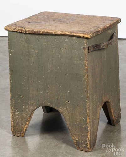 Painted pine cobbler's stool, 19th c., retaining an old gray surface, 20 1/2'' h., 18'' w.