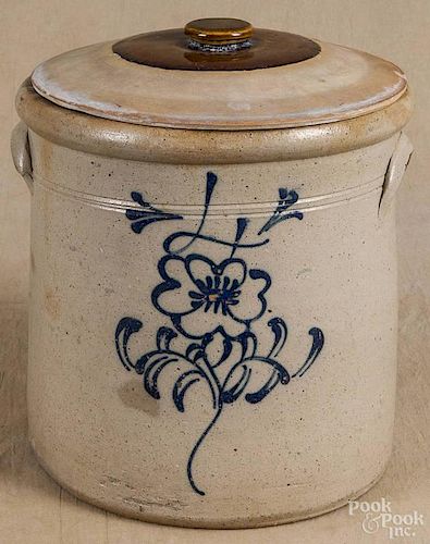 Stoneware crock, 19th c., with cobalt floral decoration, 11 1/2'' h.