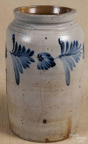 Stoneware jar, 19th c., with cobalt floral decoration around rim, 10'' h.