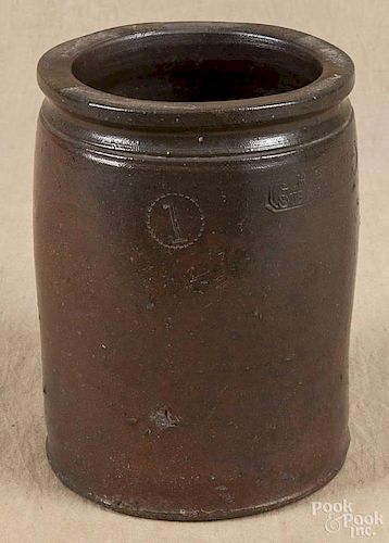 Virginia stoneware crock, 19th c., stamped S.H. Sonner Strasburg VA., 8 3/4'' h.