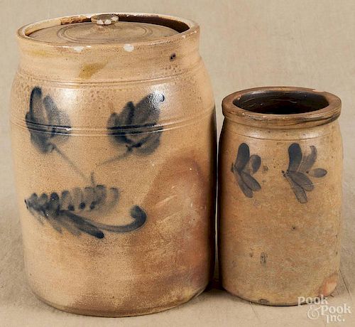Stoneware covered crock, 19th c., with cobalt tulip decoration, 9 3/4'' h.