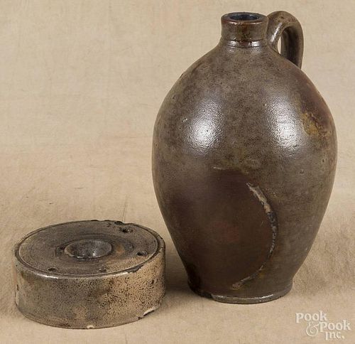 Stoneware inkwell, 19th c., 1 1/2'' h., 4 1/2'' dia., together with a small ovoid jug, 8'' h.