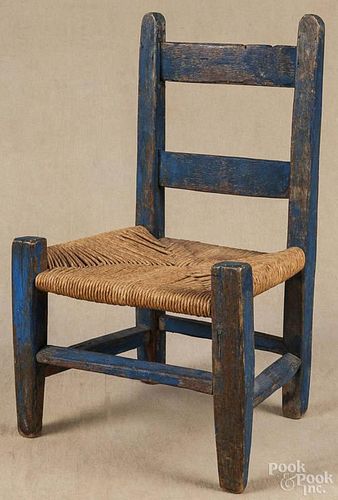 Painted oak child's chair, ca. 1900, retaining a blue surface, 21 1/2'' h.