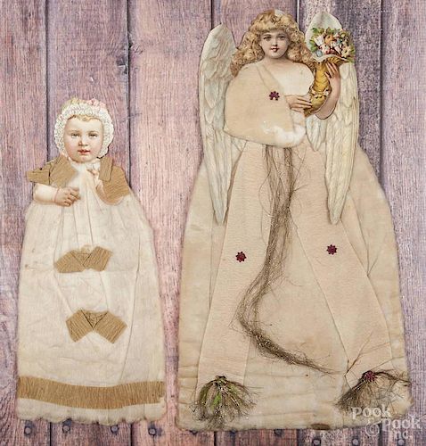 Two die cut and cotton Christmas decorations, ca. 1900, 14'' h. and 17 1/2'' h.