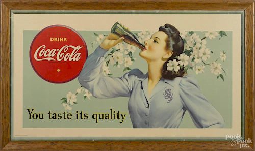 Coca-Cola cardboard advertising poster, dated {1942}, depicting a girl with a dogwood, 19 1/2" x 35 1/2".