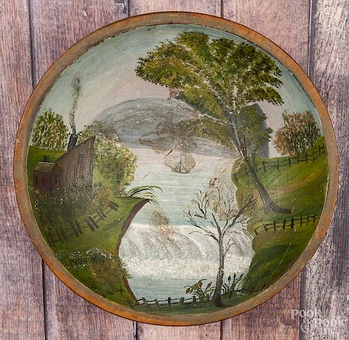 Turned wooden bowl, 19th c., with an interior landscape painting, 12 1/4'' dia.