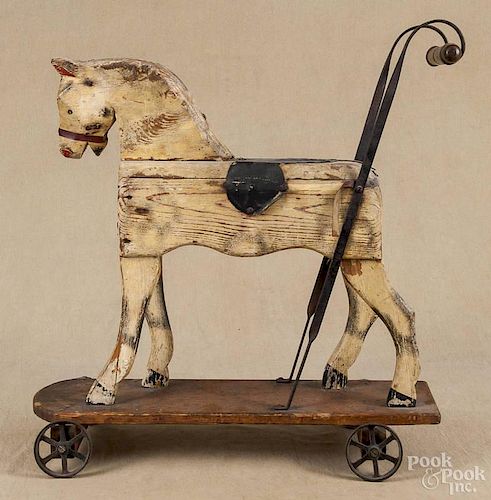 Painted horse push toy, ca. 1900, 23 1/2'' h., 21 3/4'' l.