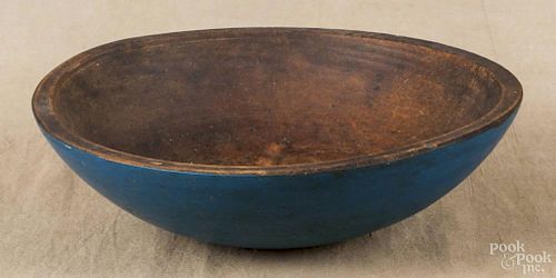 Painted turned wooden bowl, 19th c., retaining a blue surface, 10 3/4'' dia.
