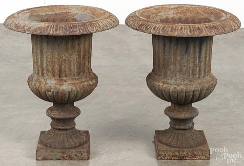 Pair of cast iron urns, late 19th c., 19'' h.