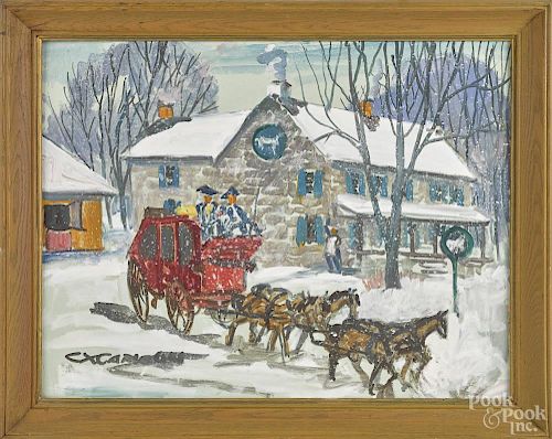 Charles X. Carlson (American 1902-1991), oil on board winter landscape of a stagecoach with a tavern