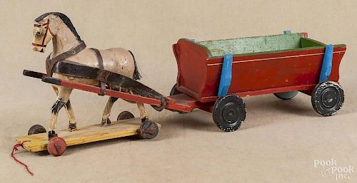 Horse and wagon pull toy, ca. 1900, 25 1/2'' l.
