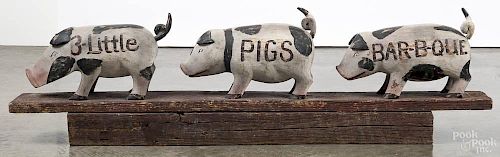Contemporary carved and painted 3 Little Pigs Bar-B-Que sign, 14 1/2'' h., 50'' l.