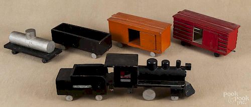 Six-piece painted wood train set, mid 20th c., engine - 6 3/4'' h., 15 3/4'' l.