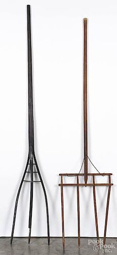 Two wooden hay forks, 19th c., longest - 84''.