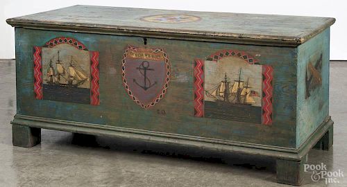 Painted pine blanket chest, 19th c., having later nautical painted panels, 20 1/2'' h., 48'' w.