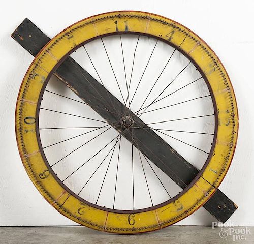 Painted gambling wheel, ca. 1900, with wire spokes, 32 1/2'' dia.