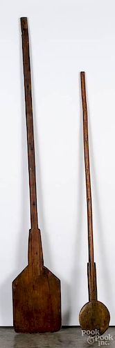 Two wooden peels, 19th c., 83'' l. and 70'' l.