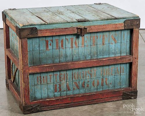 Painted shipping crate, 19th c., stenciled Fickett's Butter Krust Bread Bangor