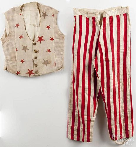 Patriotic fabric Uncle Sam pants and vest, early 20th c., with stenciled stars, 21 1/2'' h.