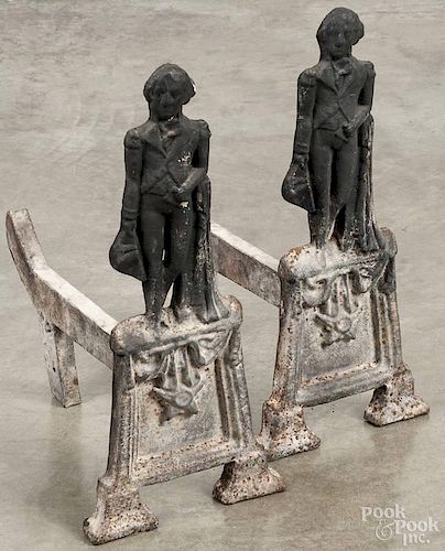 Pair of cast iron George Washington andirons, early 20th c., 20'' h.