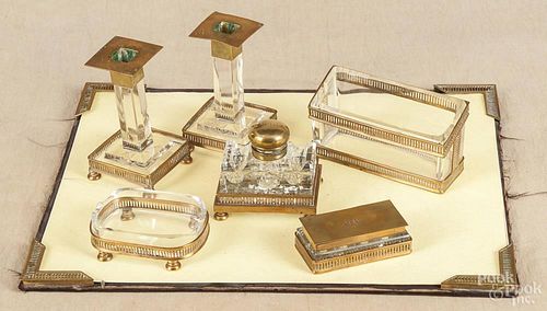 Seven-piece brass desk set, ca. 1900, candlesticks - 5 1/2'' h.