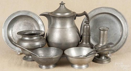 Eleven pieces of miscellaneous pewter, 18th/19th c., most unmarked, tallest - 10''.