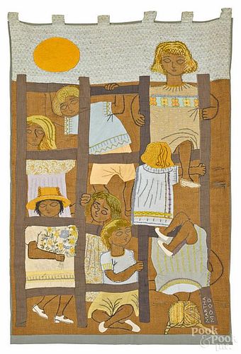 Martha Mood (American 1908-1972), embroidered and appliqué tapestry of young girls playing