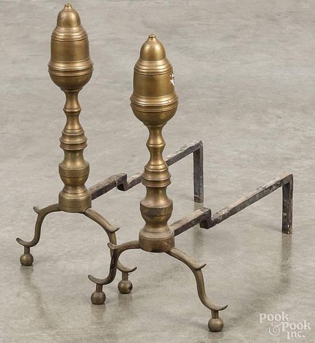 Pair of Victorian andirons, late 19th c., together with a group of fire tools