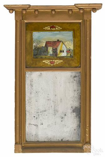 Giltwood Sheraton mirror, 19th c., with a painted eglomise panel of a cottage, 21 1/2'' h., 11'' w.