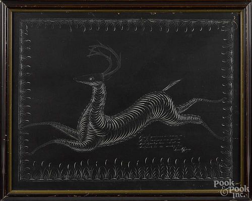 Calligraphy on black paper of a leaping stag, late 19th c., signed Frank Spring, 21 1/2'' x 27 1/2''