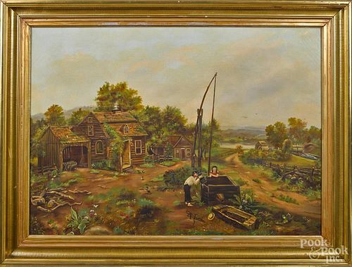 Oil on canvas landscape with a farmstead, 19th c., with two children at a well, 26'' x 36''.