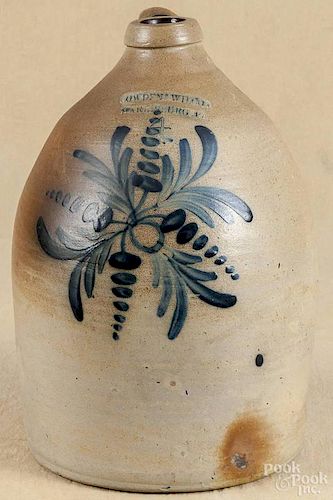 Pennsylvania four-gallon stoneware jug, 19th c., impressed Cowden & Wilcox Harrisburg Pennsylvania