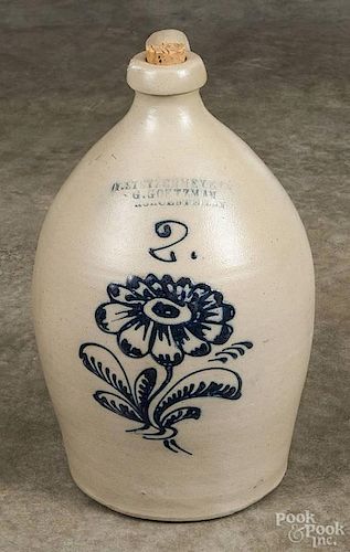 New York two-gallon stoneware jug, 19th c., impressed F. Stetzenmeyer & G. Goetzman Rochester N.Y.