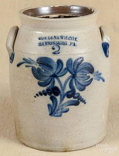 Pennsylvania two-gallon stoneware crock, 19th c., impressed Cowden & Wilcox Harrisburg Pa