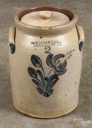 Pennsylvania two-gallon stoneware lidded crock, 19th c., impressed Cowden & Wilcox Harrisburg PA