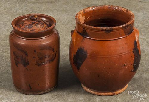 Two redware crocks, 19th c., with manganese splash decoration, 8 1/2'' h. and 8 3/4'' h.