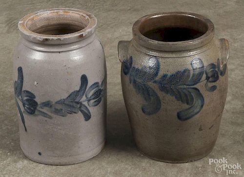 Two Pennsylvania stoneware crocks, 19th c., with cobalt floral decoration, 9 1/2'' h. and 10'' h.