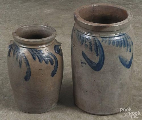Two Pennsylvania or West Virginia stoneware crocks, 19th c., with cobalt floral decoration