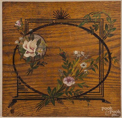Painted oak gameboard, ca. 1900, the reverse side with floral decoration, 15'' square.