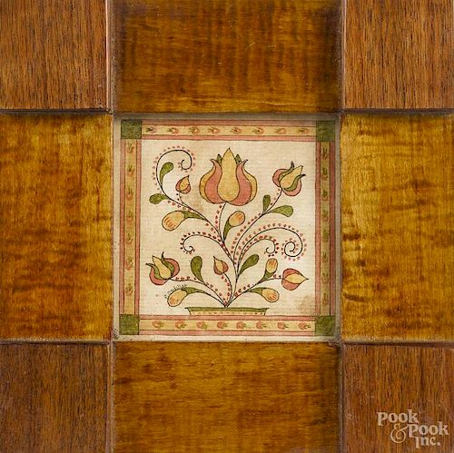 P. Godillot, watercolor fraktur, 20th c., of a potted tulip, signed lower left, 3 1/2'' x 3 1/2''.