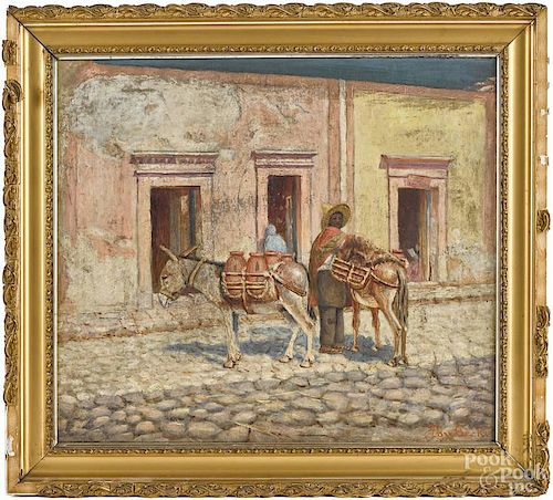 Baron Leon von Ossko (American), oil on canvas street scene of a man and burros, signed lower right